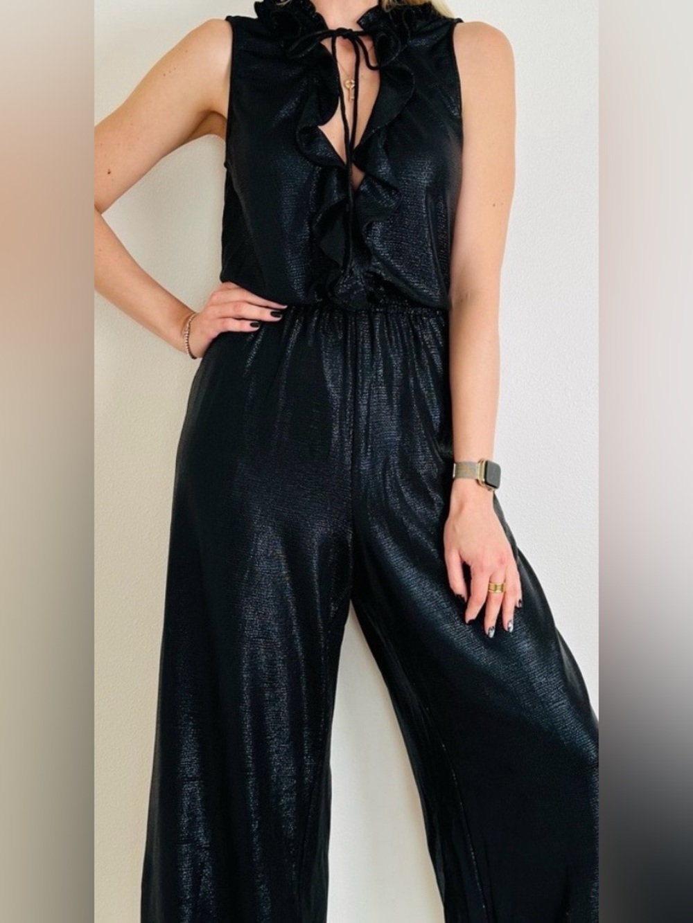 Zac Posen Black Metallic Sleeveless Wide Leg Jumpsuit